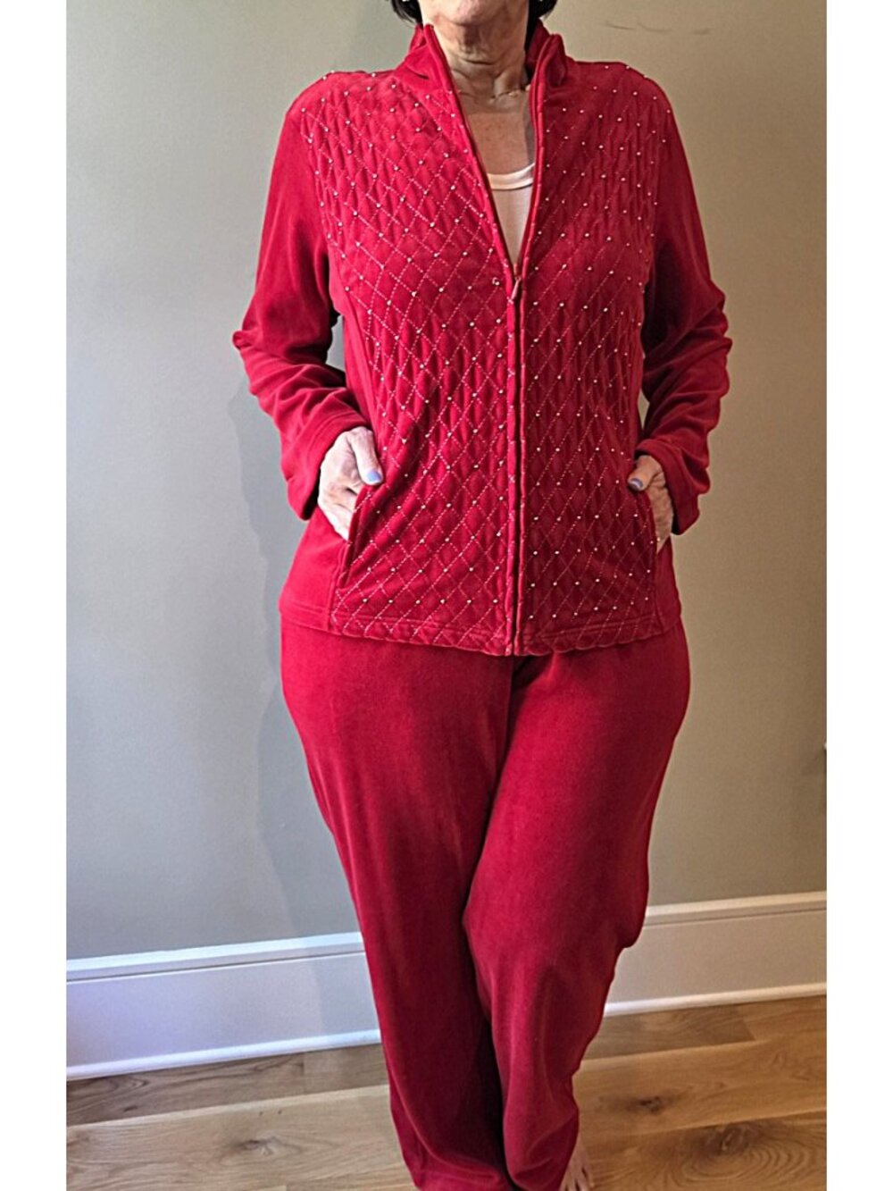 Coldwater Creek Festive Red Velour Lounge Set Gold Stitching/Beads - PXL